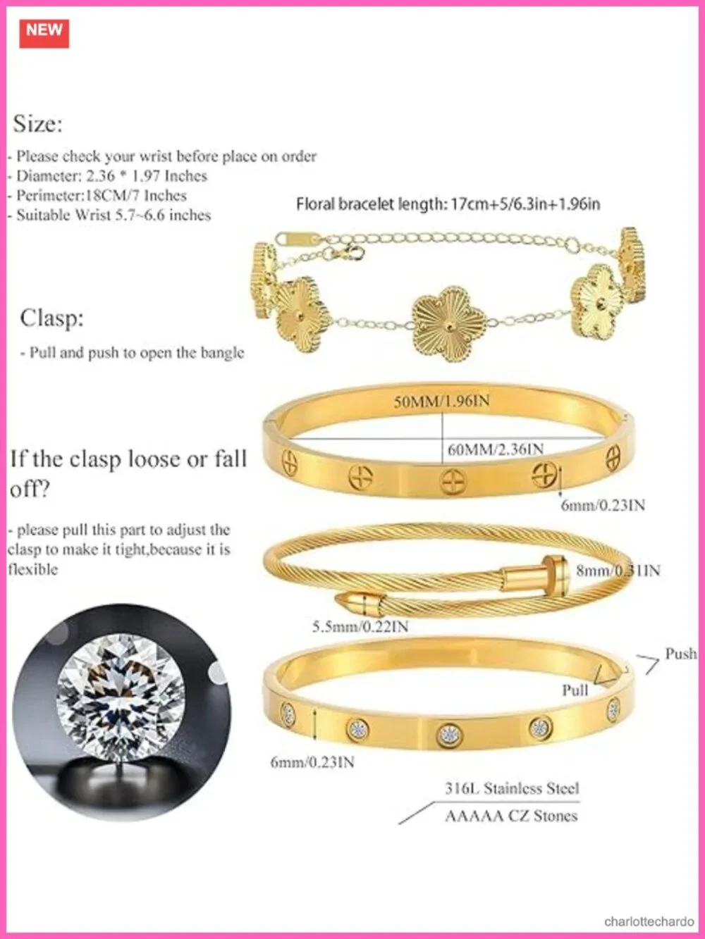 4 Pcs Gold Plated Bangle Bracelet Set Stackable Floral Stainless Steel CZ